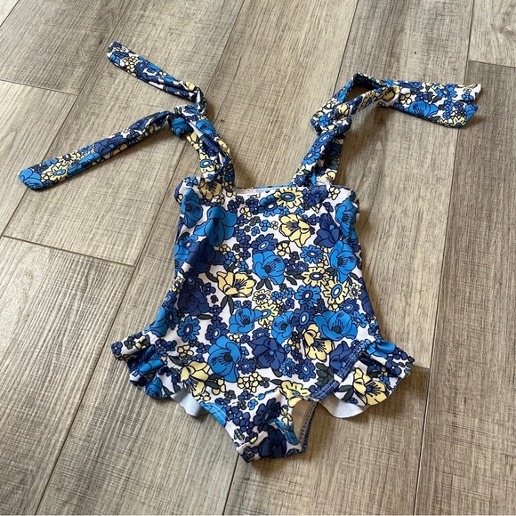 Floral Blue and Yellow Kids One-Piece Swimsuit Blue Floral Tie Strap Skirt 9-12M - Picture 9 of 12